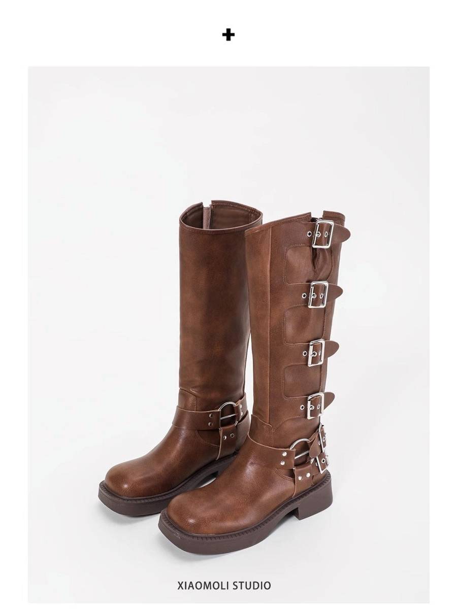 miu but knee long boots female autumn retro metal skin buckle western denim boots high brown knight boots