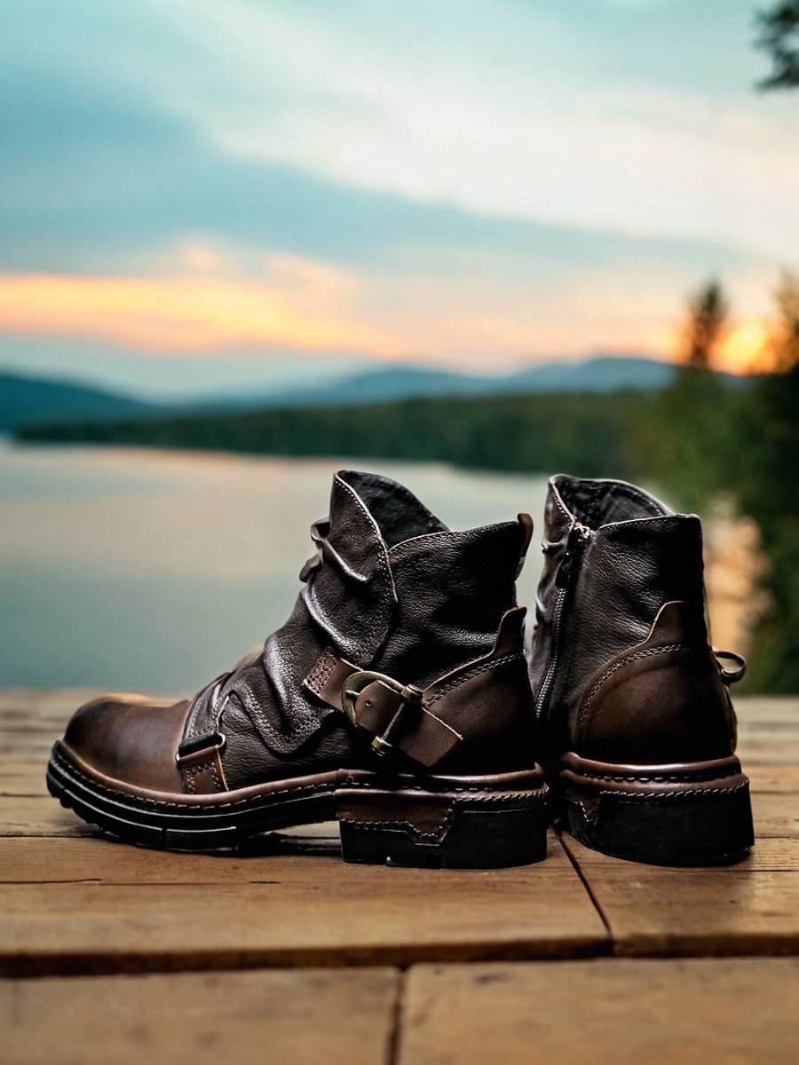 2024 Shinchichels boots men's short boots handmade British retro leather locomotive Martin boots men's thick bottom zipper zipper