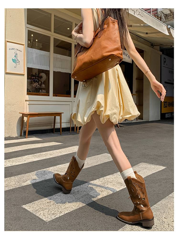 KMeizu is thin ~ mid -boots female summer breathable hollow Vita western denim boots hole cold boots knights and horse boots