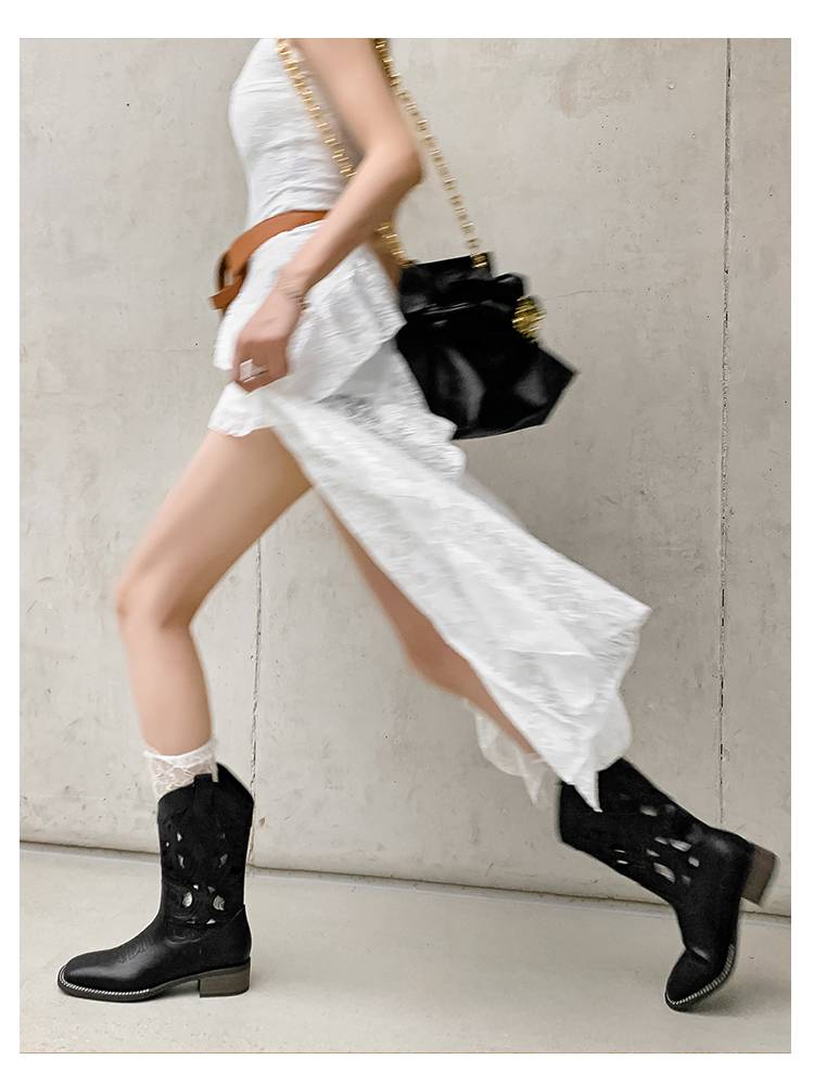 KMeizu is thin ~ mid -boots female summer breathable hollow Vita western denim boots hole cold boots knights and horse boots