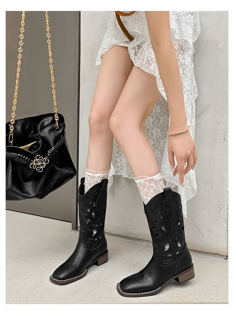 KMeizu is thin ~ mid -boots female summer breathable hollow Vita western denim boots hole cold boots knights and horse boots