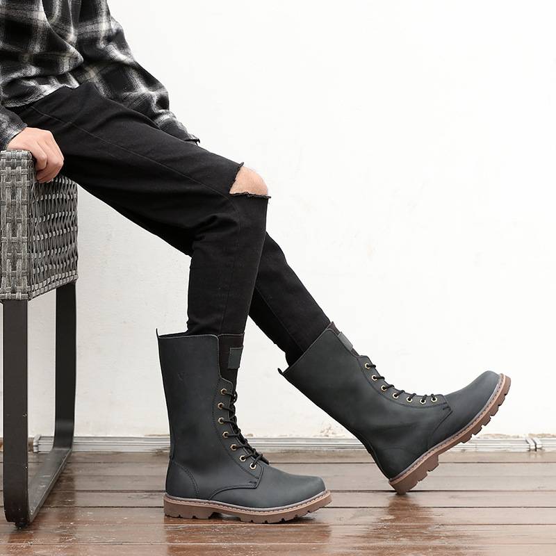 Leather men's denim boots cowhide boots tide high boots Martin boots outdoor locomotive boots Mongolian horse boots female worker boots