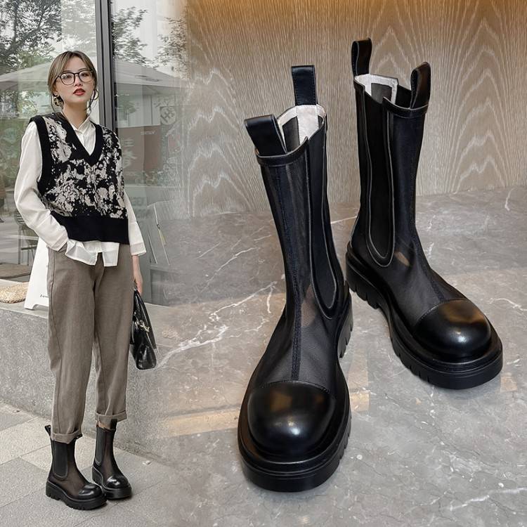 All -leather height mesh Martin Boots Female Summer thin air -breathable small net boots thick bottom thin short boots