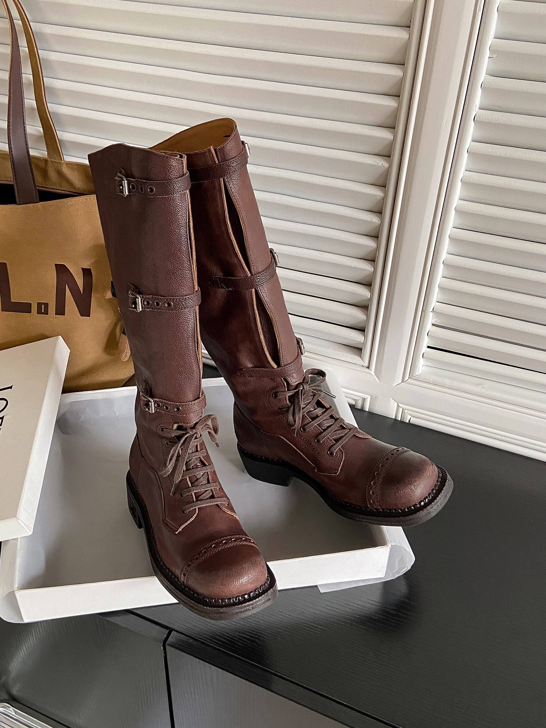 MIU Millard brown high tube long boots female strap leather retro old hot girl western denim knight boots