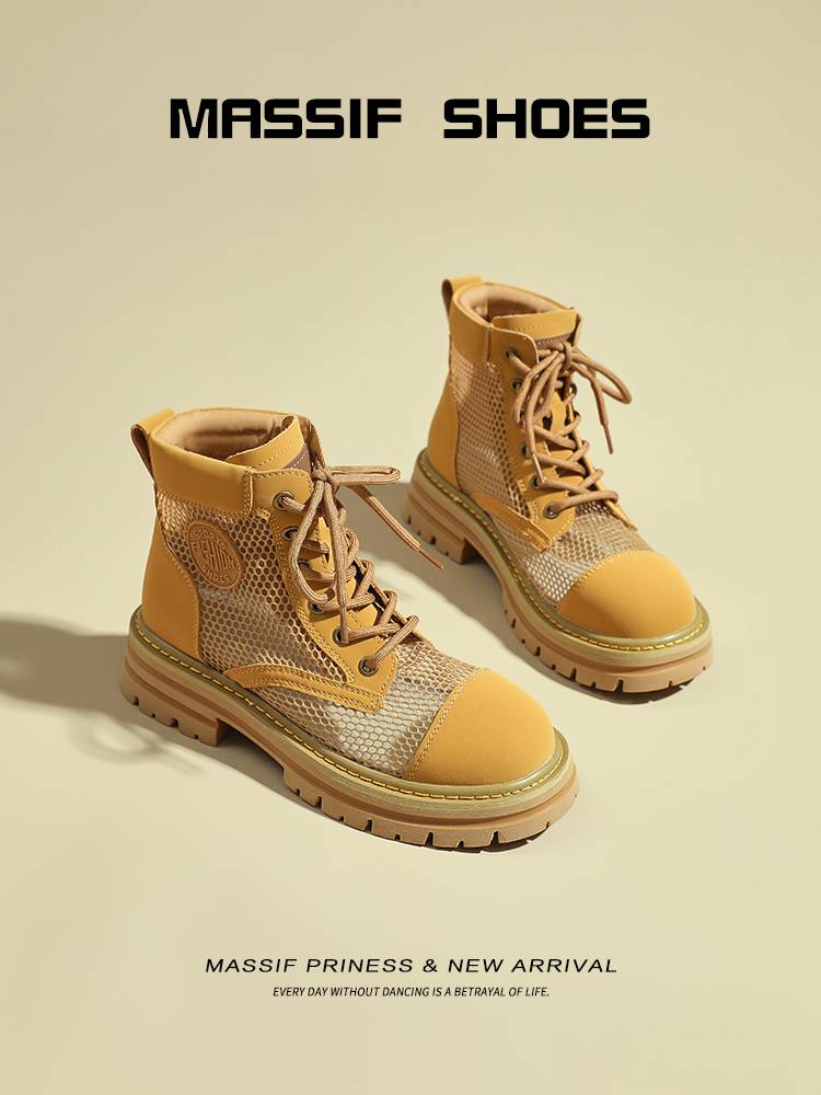 Inner increase of thick -bottom Martin boots female 2024 new thin mesh screen big yellow boots, small air -breathable short tube lace boots women