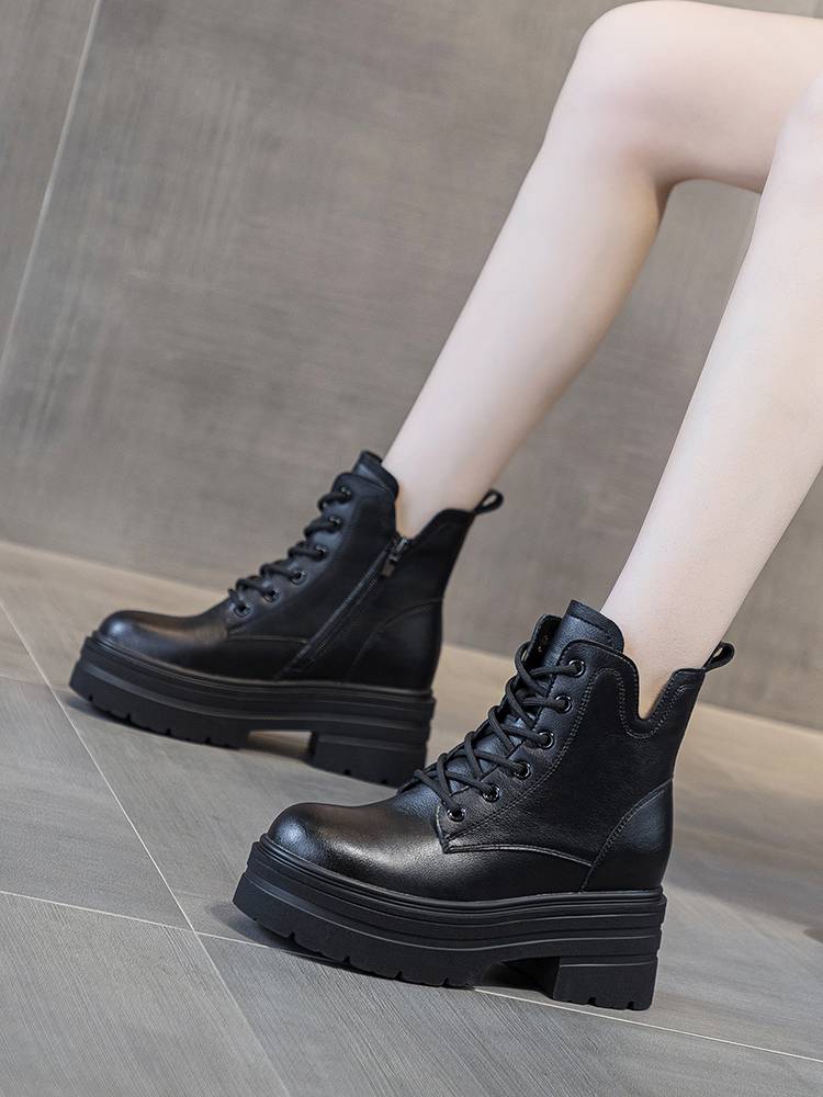 THE BLACK REAL SKIN IS UP TO MARTIN'S BOOTS, 8CM THICK, SHORT BOOTS FOR THE FALL AND WINTER, AND THE COTTON WARMER