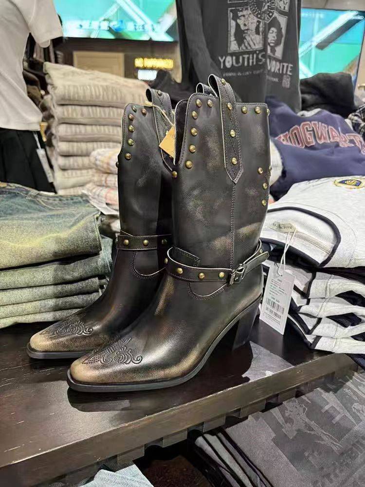 Carolt leather embroidery Western denim boots new boots new boots children's pointed scratching color, old rivet V