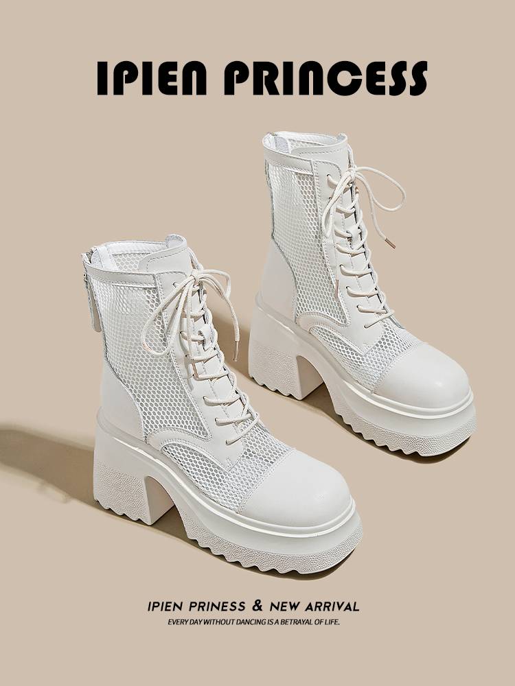 10cm thick Martin boots female 2024 new small high -heeled short boots summer thin breathable mesh ribbon