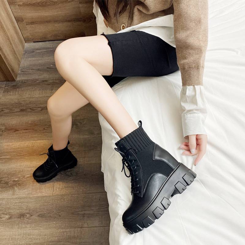 Autumn and winter Martin Boots Female Leather New Extraction of 8 centimeters Flying Woven Horseshoe Boots Small Powder Cake thick bottom boots
