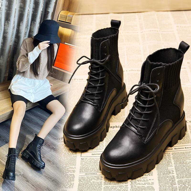 Autumn and winter Martin Boots Female Leather New Extraction of 8 centimeters Flying Woven Horseshoe Boots Small Powder Cake thick bottom boots