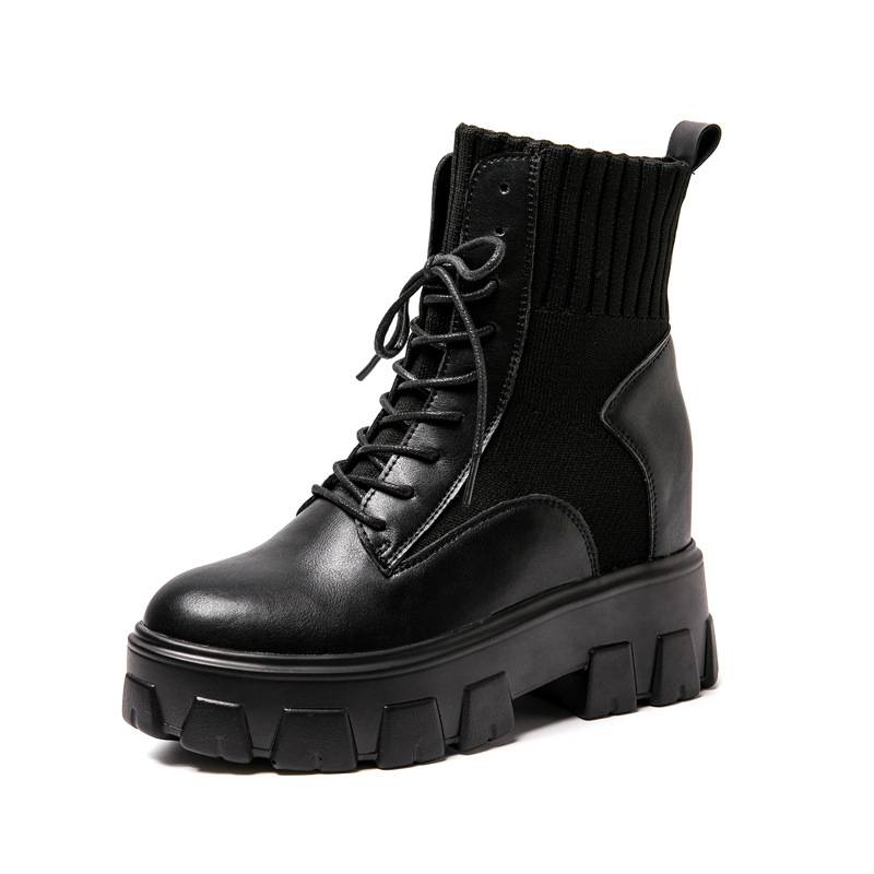 Autumn and winter Martin Boots Female Leather New Extraction of 8 centimeters Flying Woven Horseshoe Boots Small Powder Cake thick bottom boots