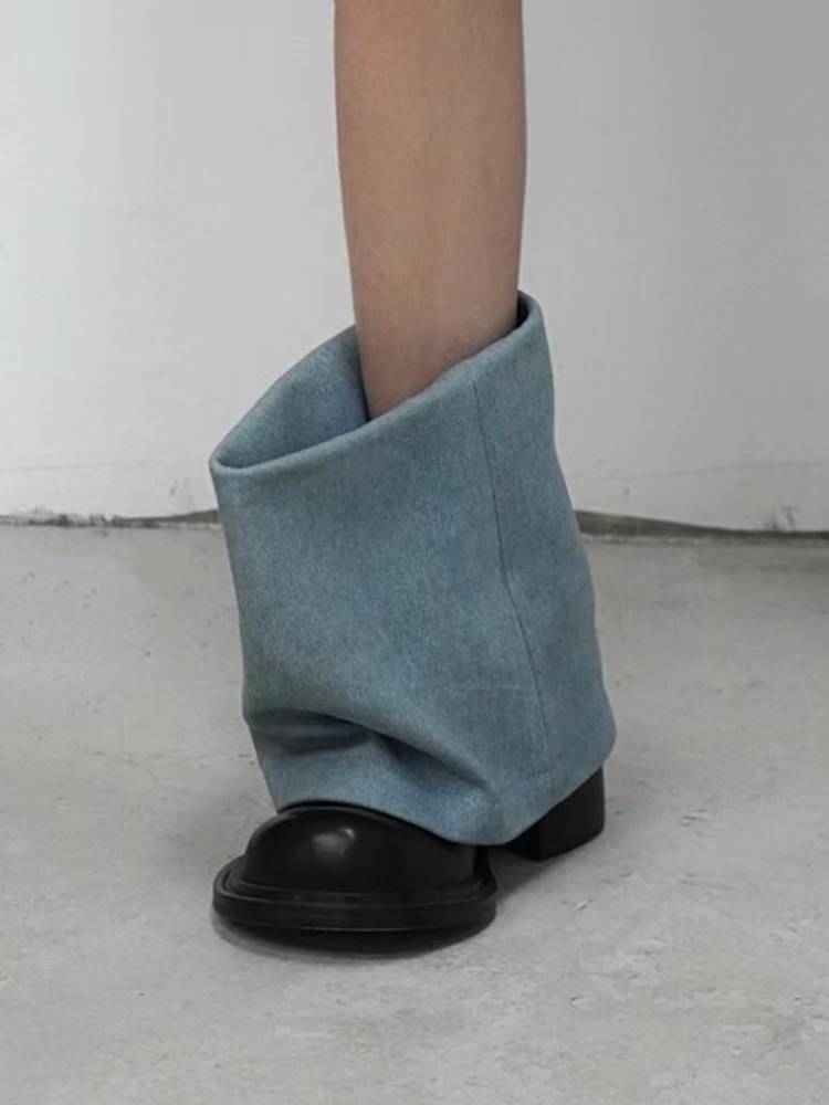 Genuine Leather!IntersectionBlack denim Western trousers short boots 2024 new British thin thick heel pile Martin boots