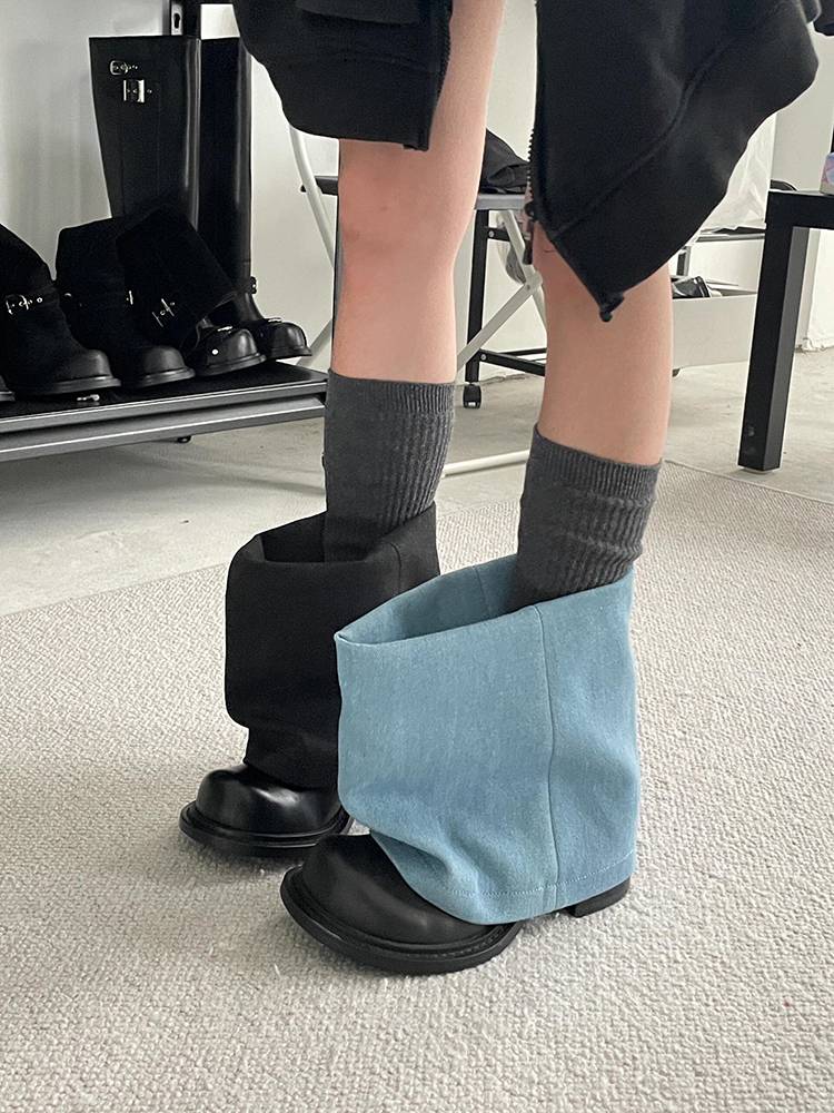 Genuine Leather!IntersectionBlack denim Western trousers short boots 2024 new British thin thick heel pile Martin boots