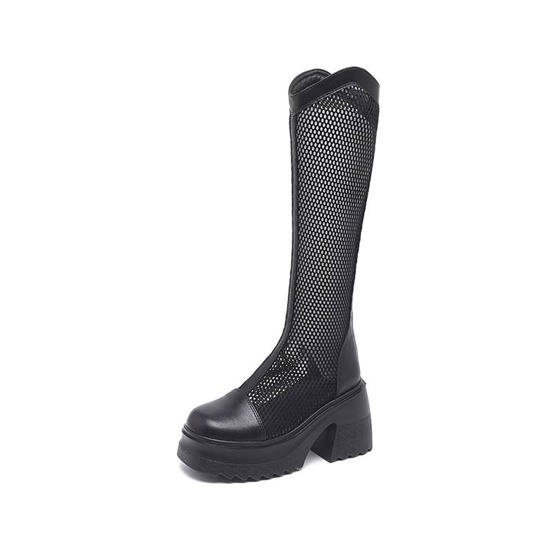 Leather long boots female 2024 summer thin net yarn hollow breathable boots single boots, small thick heel rough heels