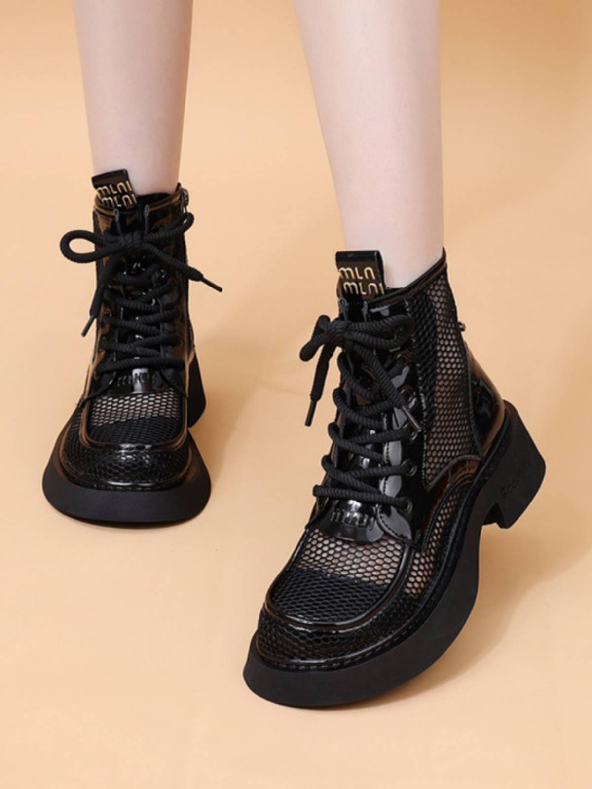 Brand specialty leather net gauze thick Martin boots female 2024 summer new thin nipple boots hollow and breathable boots