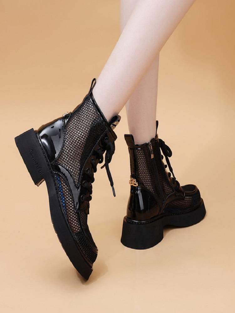 Brand specialty leather net gauze thick Martin boots female 2024 summer new thin nipple boots hollow and breathable boots
