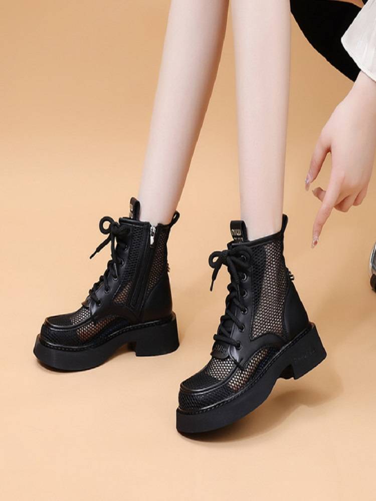 Brand specialty leather net gauze thick Martin boots female 2024 summer new thin nipple boots hollow and breathable boots