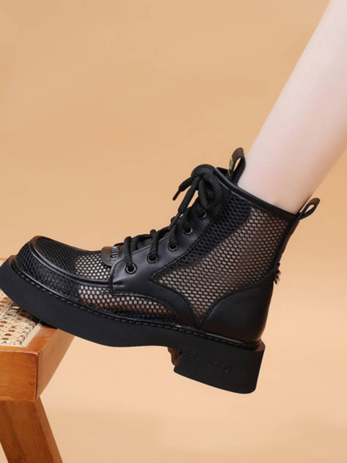 Brand specialty leather net gauze thick Martin boots female 2024 summer new thin nipple boots hollow and breathable boots