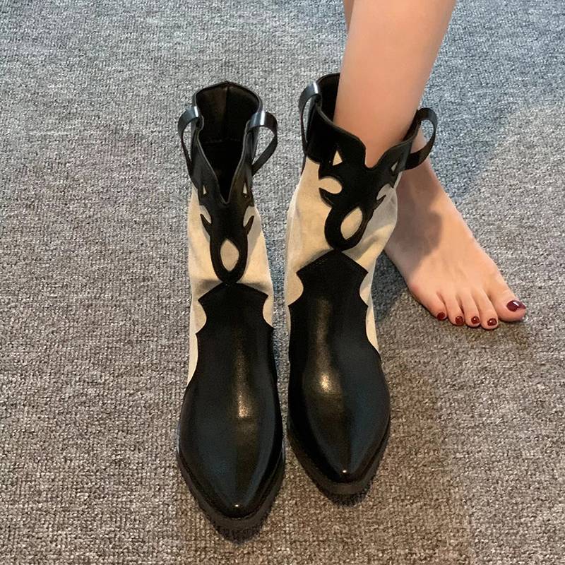 Cowhide Fried Street Western denim boots female pointed short boots female thick heel high -heeled single boots popular this year's lean boots women