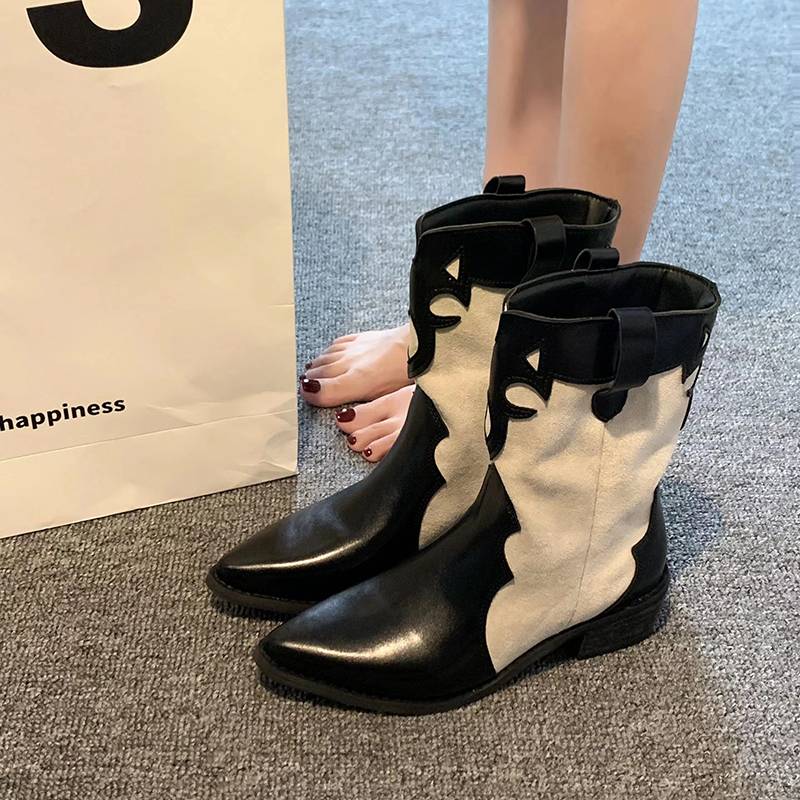 Cowhide Fried Street Western denim boots female pointed short boots female thick heel high -heeled single boots popular this year's lean boots women