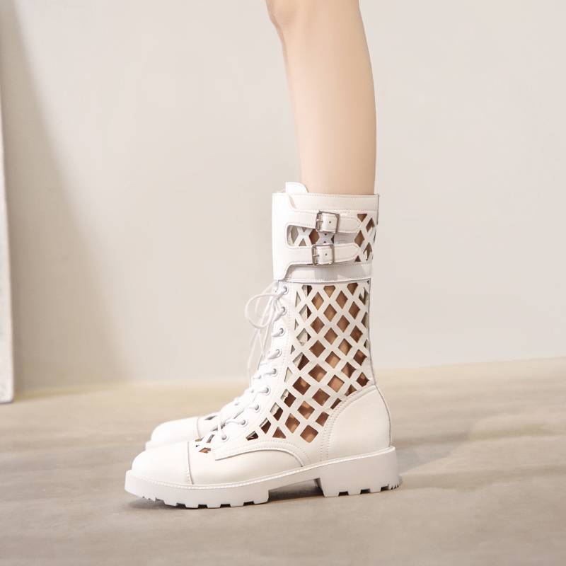 White leather Martin Boots Female Summer Summer 2024 New Short Boot Gauze Breath with Skirts Middle Tube
