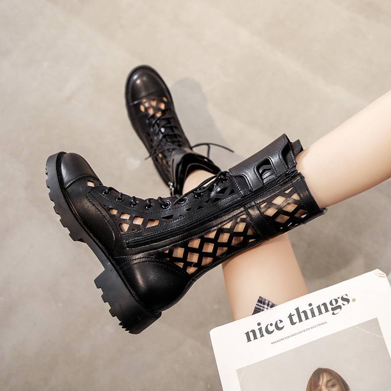 White leather Martin Boots Female Summer Summer 2024 New Short Boot Gauze Breath with Skirts Middle Tube