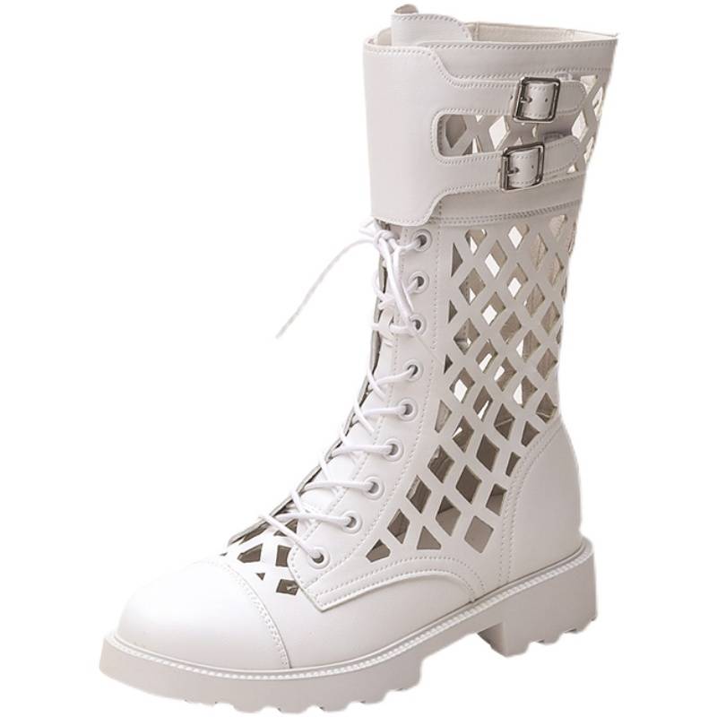 White leather Martin Boots Female Summer Summer 2024 New Short Boot Gauze Breath with Skirts Middle Tube