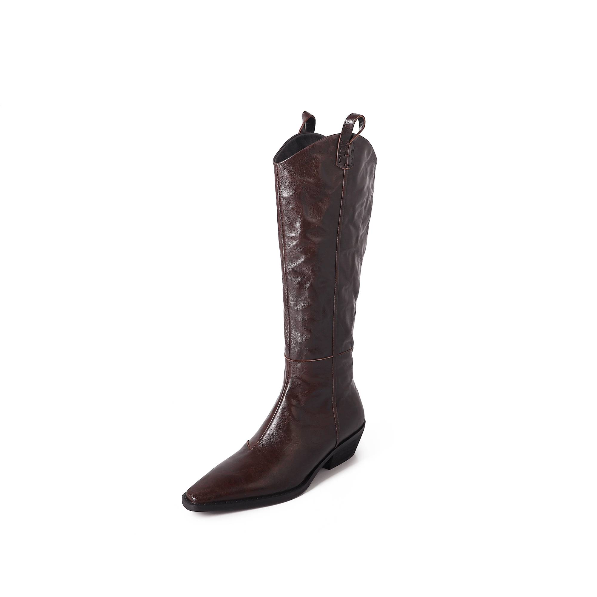 French retro pure leather brown western denim boots small V -port sheepskin Knight high tube high boots female