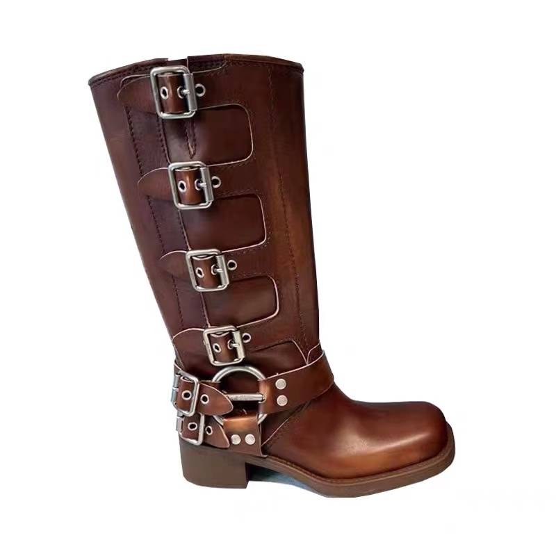 Cowhide miu family thick heel boots 2024 Yi Mengling with the same model buckle western denim boots knight fashion boots