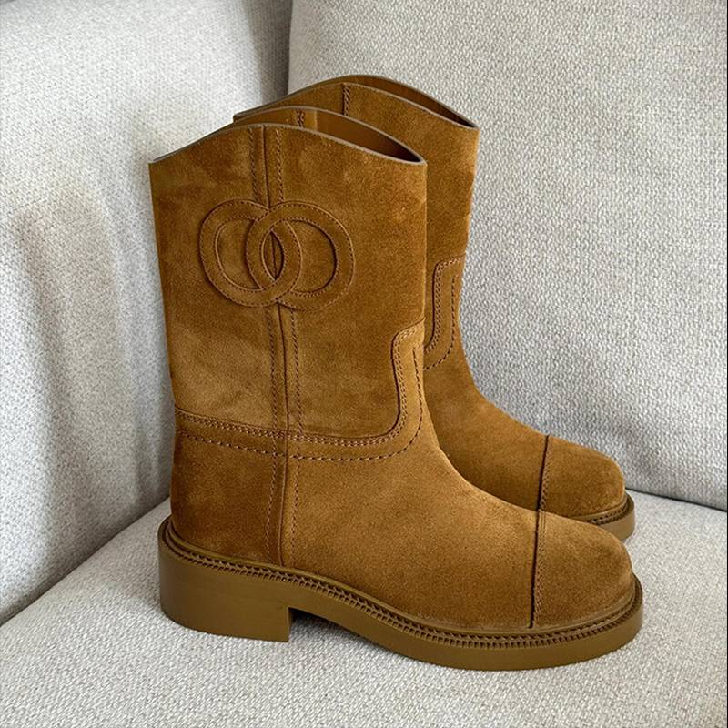 Cowhide version ~ Retro Short Knight Boot 2024 New Rough heels in Western denim boots in the middle of small incense wind boots