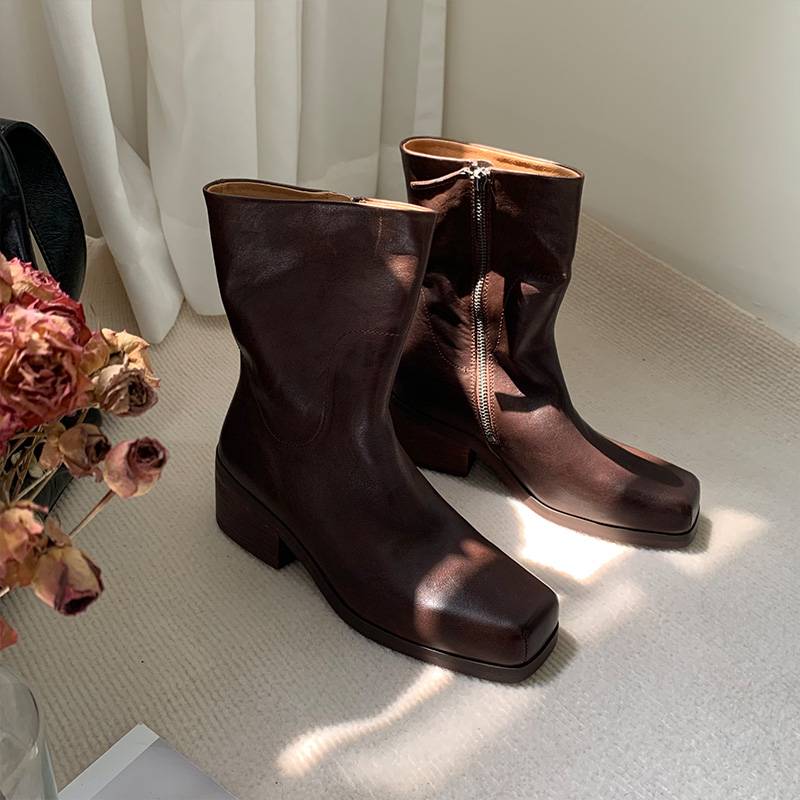 French square -headed street small short boots female Jin Minxi, the same mid -boots, coarse -heeled Martin boots autumn and winter lean boots ankle boots