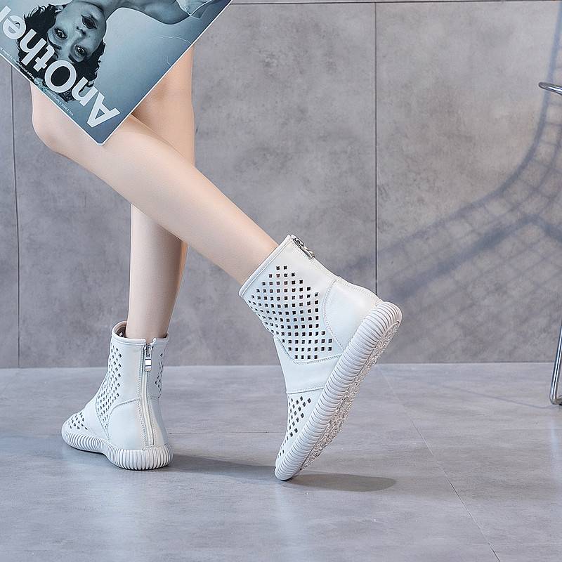 Summer hollow Martin boots female 2024 new header cowhide high -top short boots thin air breathable casual flat boots
