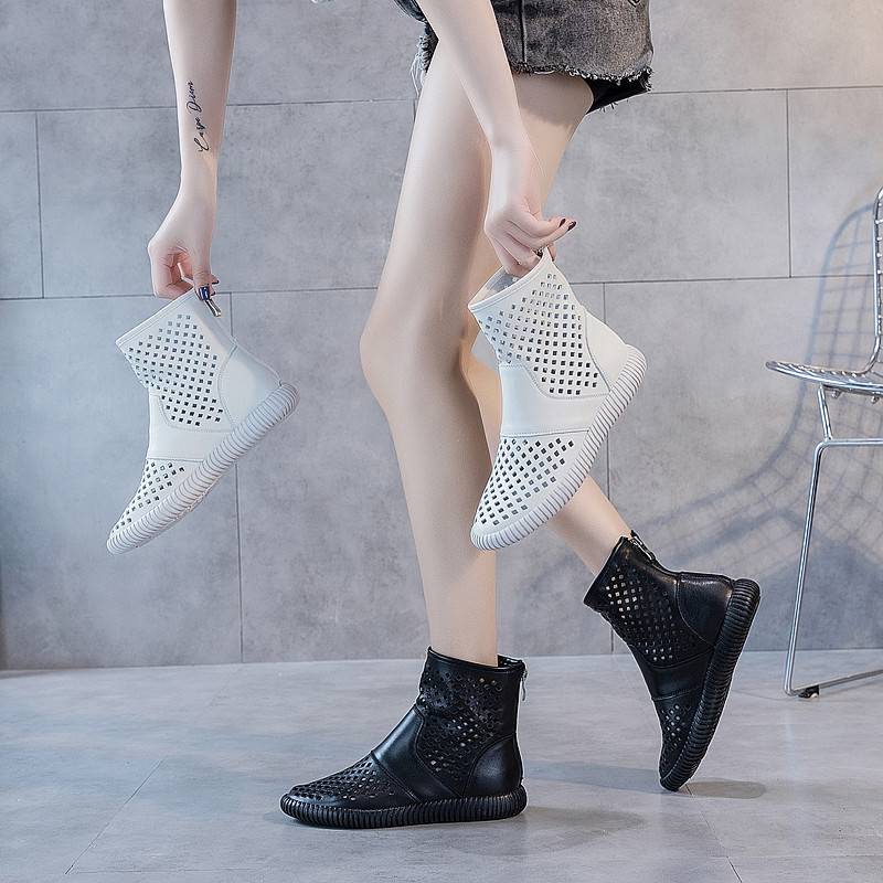 Summer hollow Martin boots female 2024 new header cowhide high -top short boots thin air breathable casual flat boots