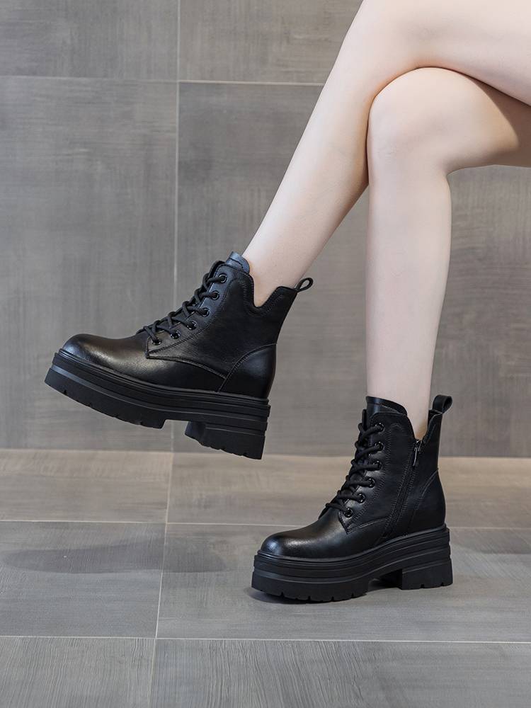 THE BLACK REAL SKIN IS UP TO MARTIN'S BOOTS, 8CM THICK, SHORT BOOTS FOR THE FALL AND WINTER, AND THE COTTON WARMER