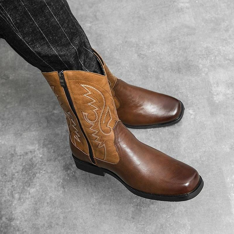 American retro Martin Boots Men's Autumn and Winter Western denim worker boots embroidered long tube side zipper high -top riding boots