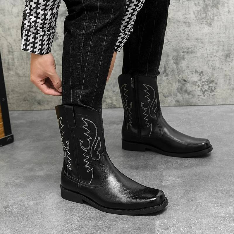 American retro Martin Boots Men's Autumn and Winter Western denim worker boots embroidered long tube side zipper high -top riding boots