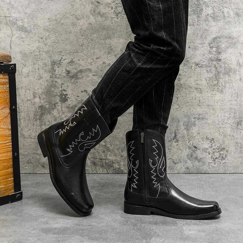 American retro Martin Boots Men's Autumn and Winter Western denim worker boots embroidered long tube side zipper high -top riding boots