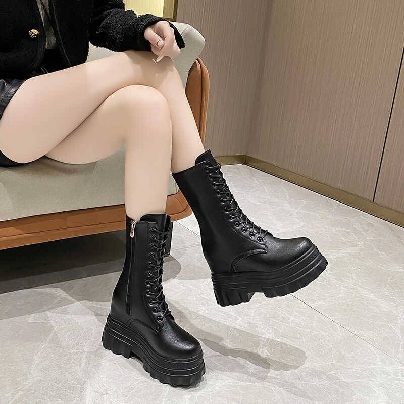 10cm high shoes COS Martin boots female 2024 autumn and winter new thick bottom loose cake thin mid tube motorcycle boots