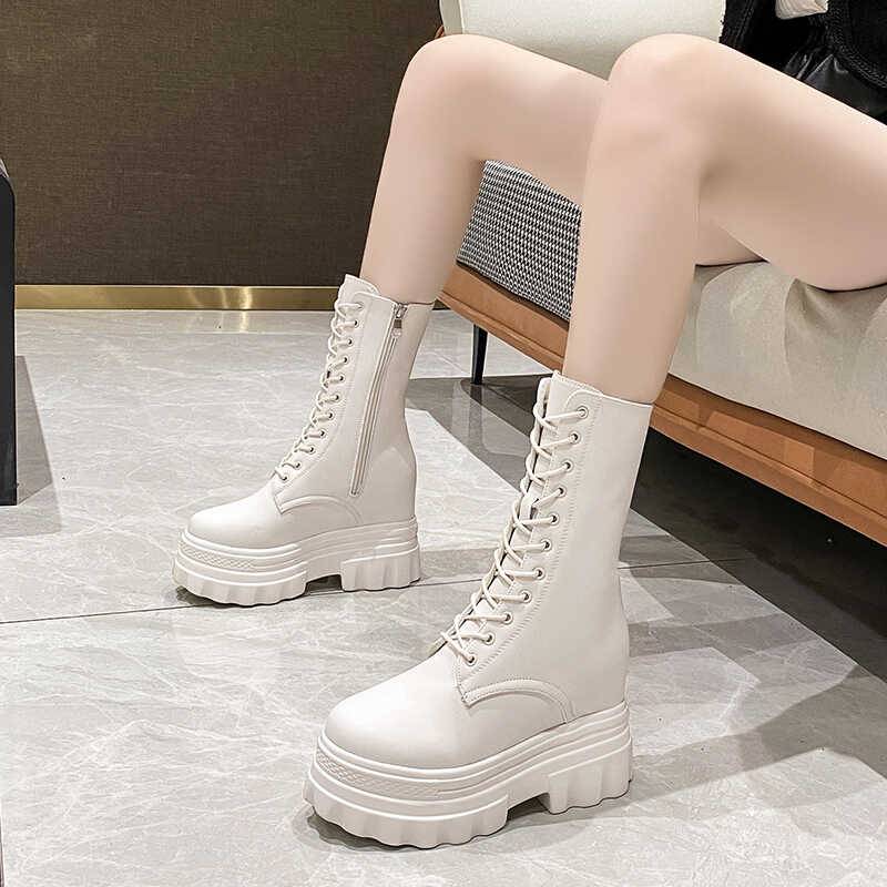 10cm high shoes COS Martin boots female 2024 autumn and winter new thick bottom loose cake thin mid tube motorcycle boots