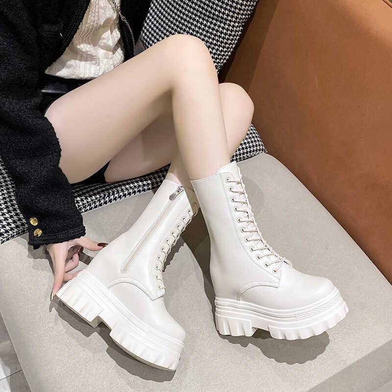 10cm high shoes COS Martin boots female 2024 autumn and winter new thick bottom loose cake thin mid tube motorcycle boots