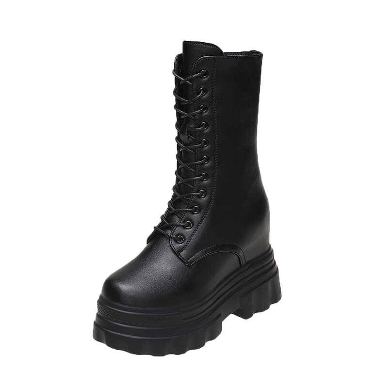 10cm high shoes COS Martin boots female 2024 autumn and winter new thick bottom loose cake thin mid tube motorcycle boots