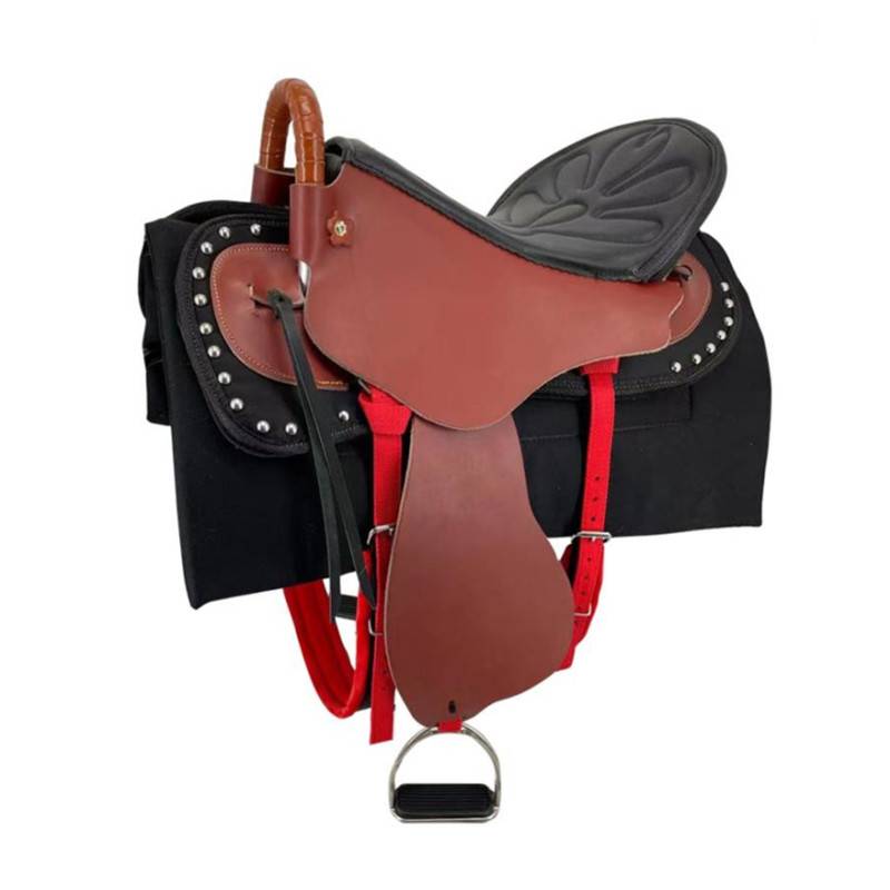 The saddle's full of new horse-skin tourists' saddles, short-sized and dyslexian saddles