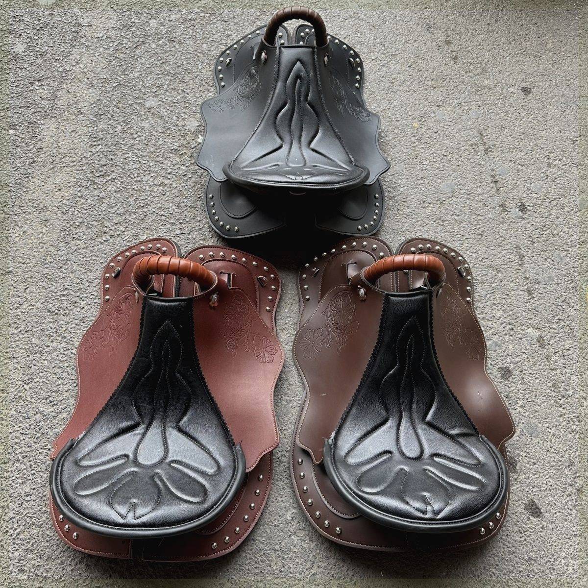 The saddle's full of new cow-skin saddles for the Western Horse tourists