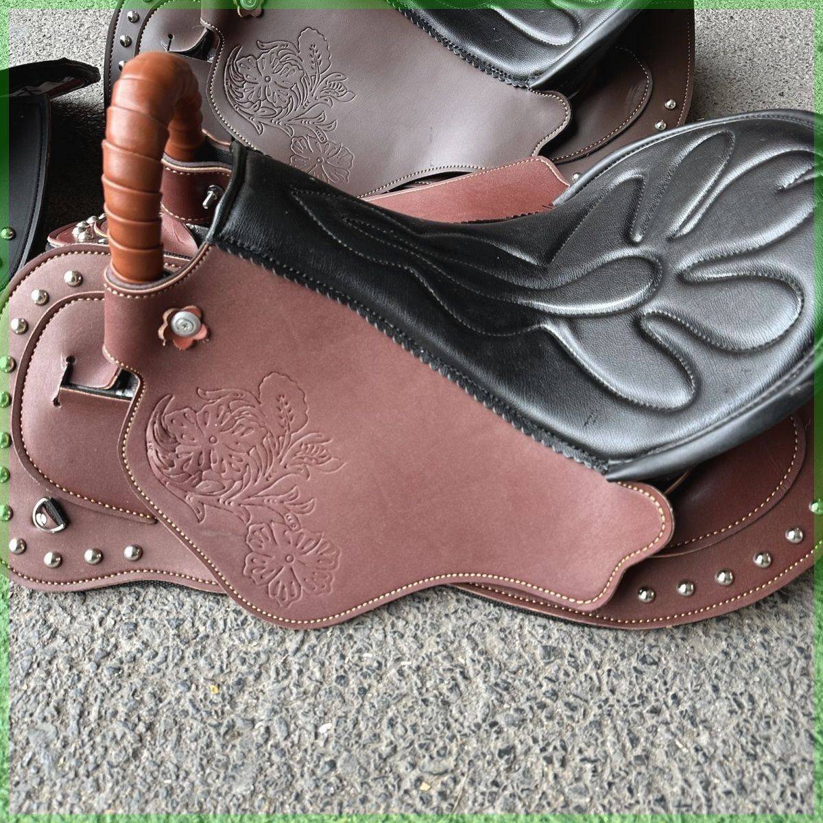 The saddle's full of new cow-skin saddles for the Western Horse tourists