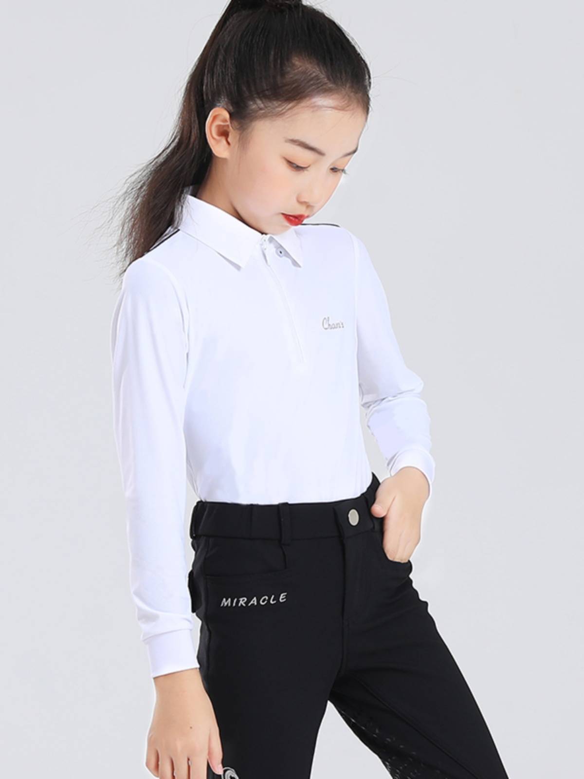 Children's riding clothing equestrian T -shirt long -sleeved long -sleeved cyclical white POLO shirt competition training equestrian clothing
