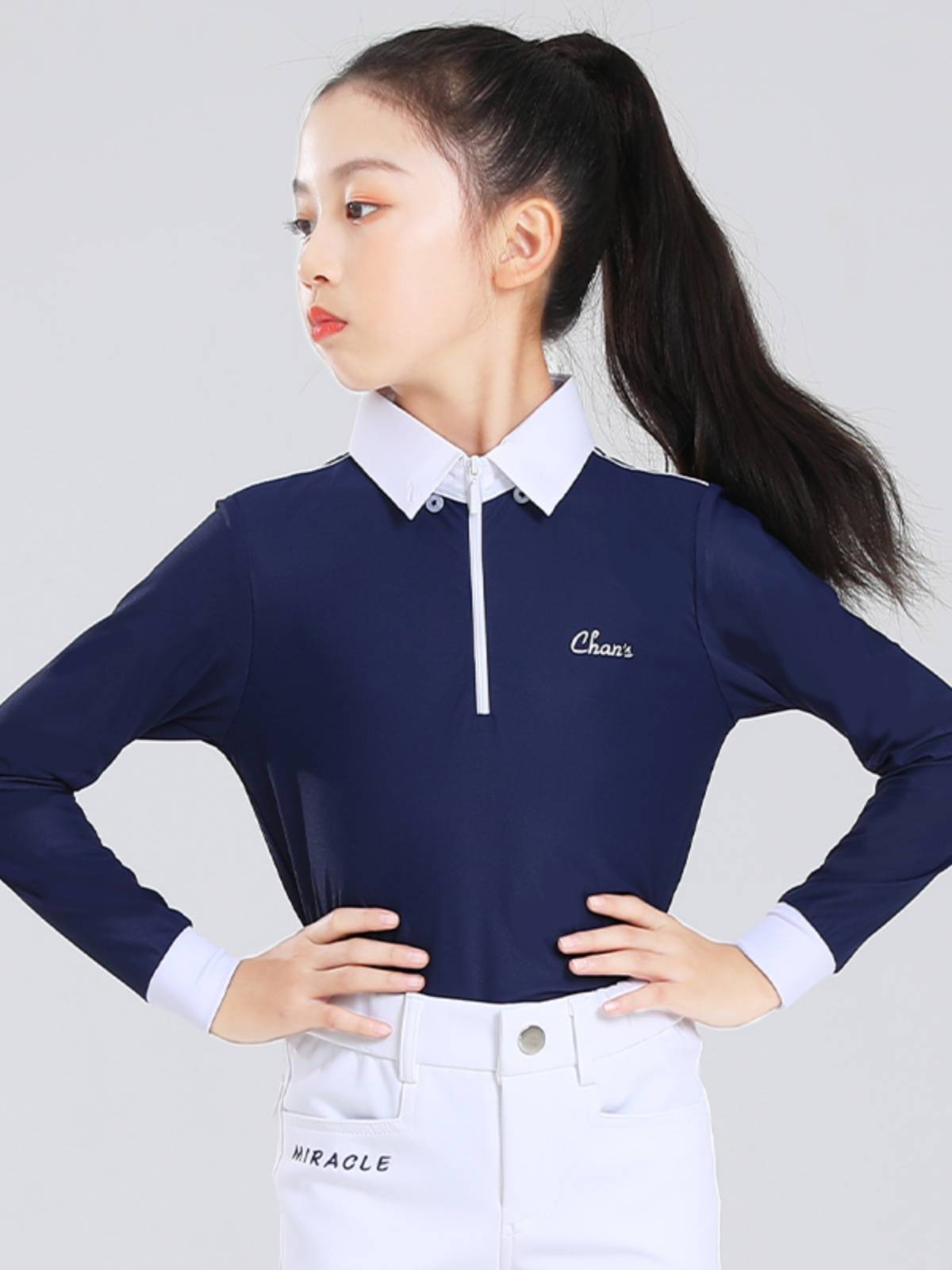 Children's riding clothing equestrian T -shirt long -sleeved long -sleeved cyclical white POLO shirt competition training equestrian clothing
