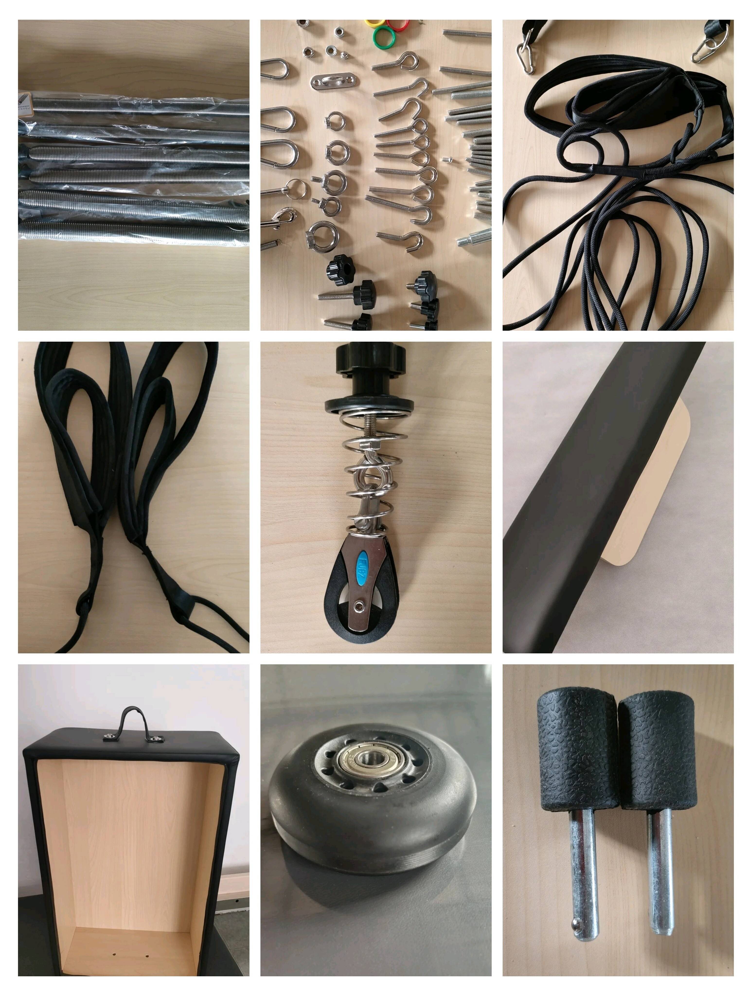 All the parts of the Great All-Party Device, springs, slider, leather, screw, leather, gold, etc