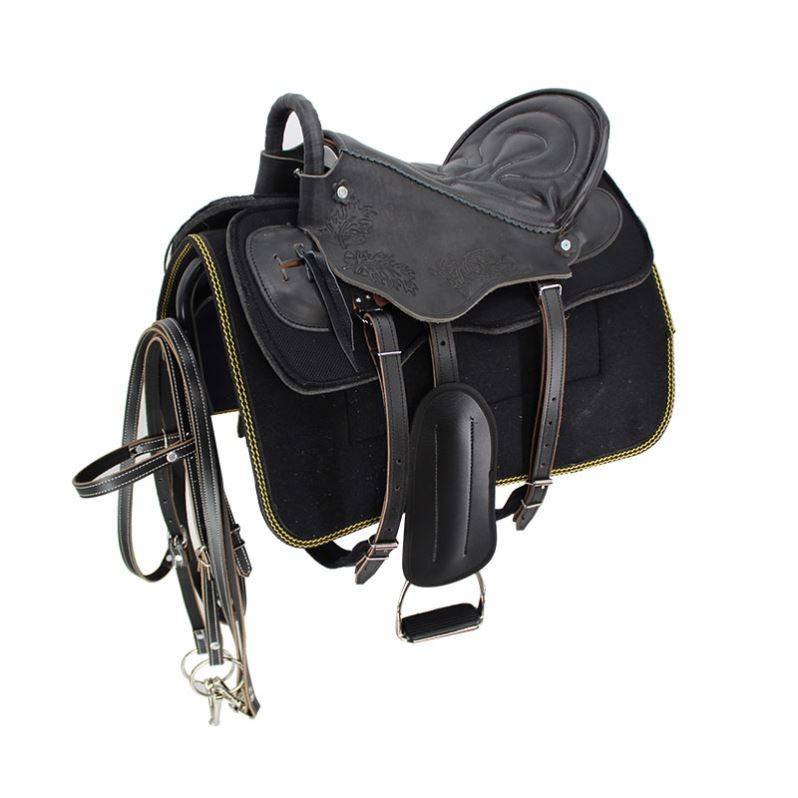 Black horse saddle + leather full set with the stamped