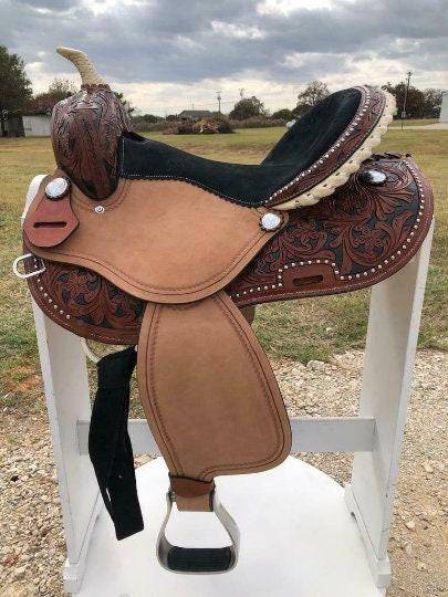 Saddle㊣ American purchasing handicrafts fascinating flower pattern equestrian sports brown leather western saddle cushion