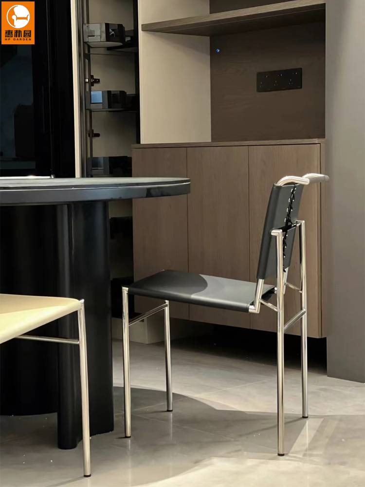 Rootbren chair, minimalist saddle leather dining chair Nordic designer light luxury restaurant household stainless steel chair